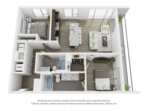Floor plan for 2 beds, 2 baths, 1011 sqft
